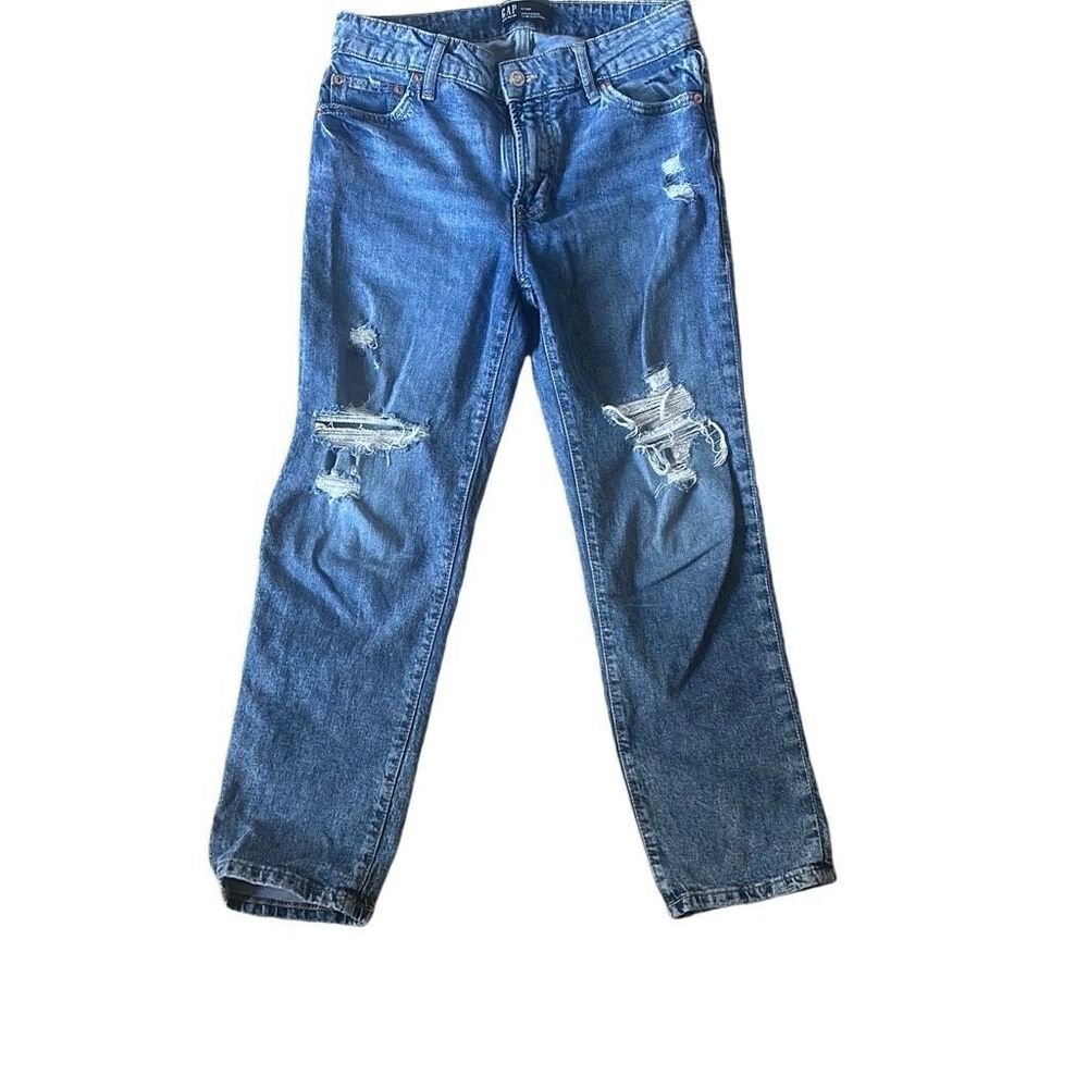 GAP universal slim boyfriend Jean with distressed knee | sz 0/25 reg | blue